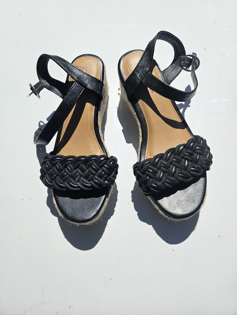 Time and Tru Black Braided Wedge Sandals